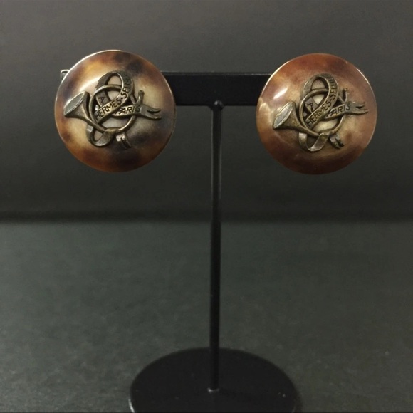 AUTH HERMES Rare Trumpet Horn Sellier Earrings - Picture 1 of 8